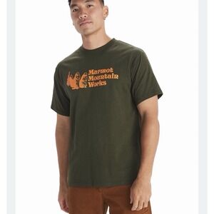Marmot Mountain Works Mens Small Green Orange Beavers Cotton T Shirt Outdoor Tee